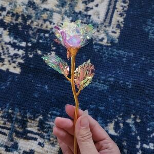 Set of 10 Plastic Iridescent Forever Flower Roses With Plastic Faux Gold Stems